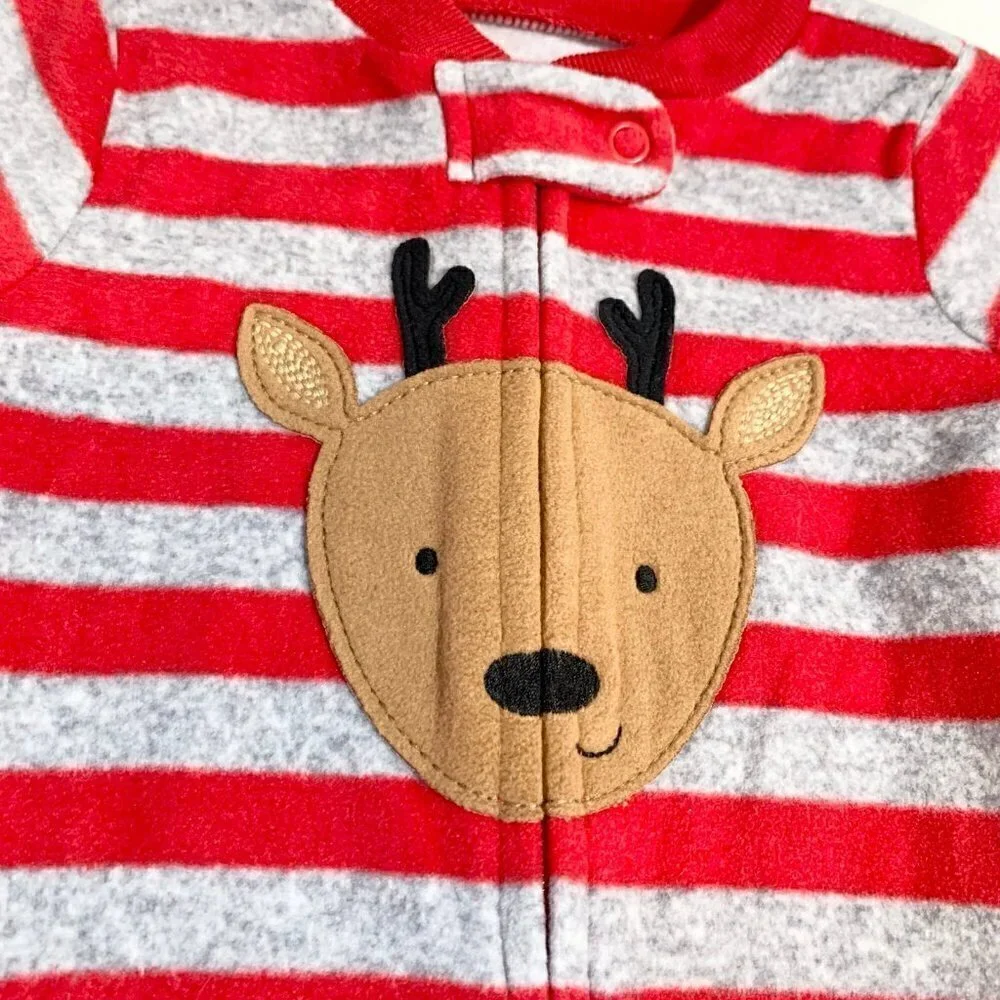 5/$25 NEW Carter's 6m Red Grey‎ Stripe Reindeer Fleece Footed Pajamas Sleeper